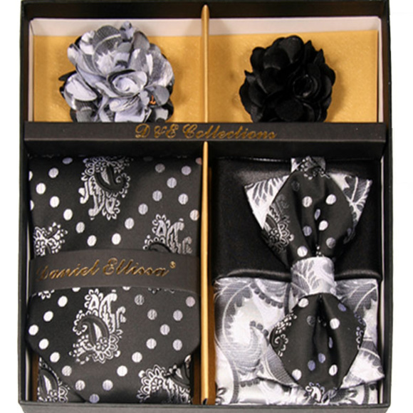 6 Piece Black White Silver Necktie & Bow Tie Set